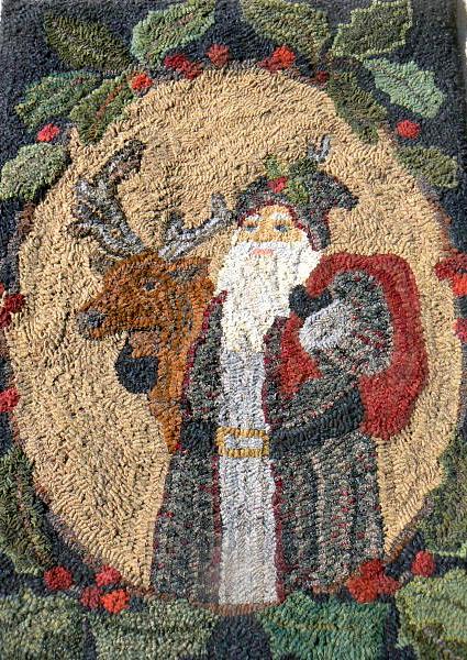 Santa And Friend With Primitive Holly Twig Border Patterns